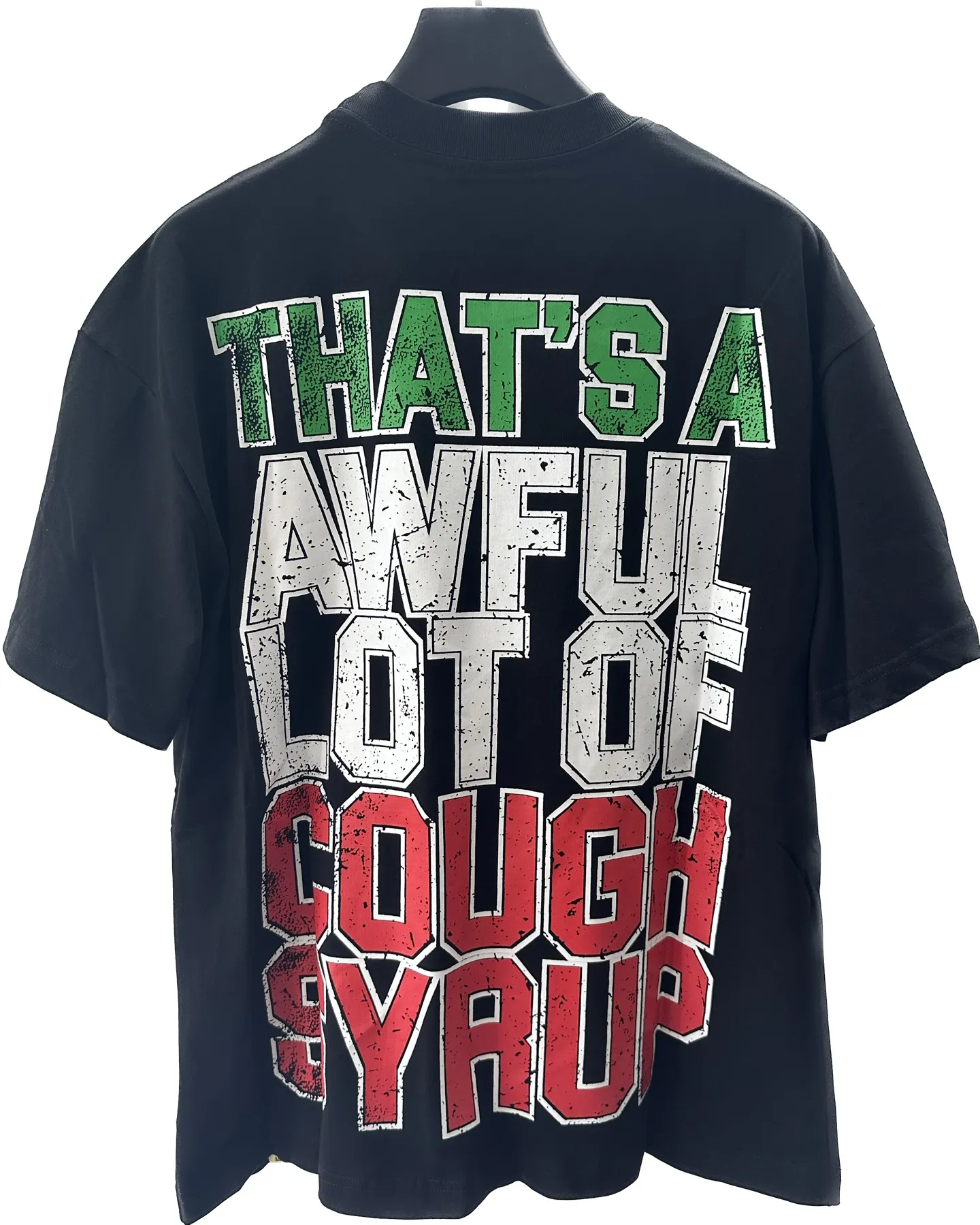 #active Black | THAT'S A AWFUL LOT OF COUGH SYRUP In Stock Real shot American simple trendy brand loose casual T-shirt Fabric (fabric): 32 counts Weight combed double yarn pure cotton Sizes (size): S-M L X L Color (colour): Active Black